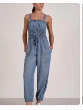 Elan Light Blue Smocked Denim Jumpsuit